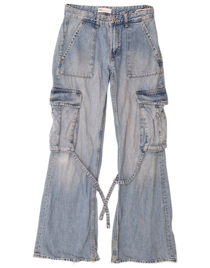 Calça jeans feminina ZARA Cargo Flared EU 34 2XS W24 L32 Azul Algodão