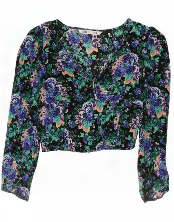 Blusa feminina Zara manga comprida cropped UK 6 XS floral multicolorido