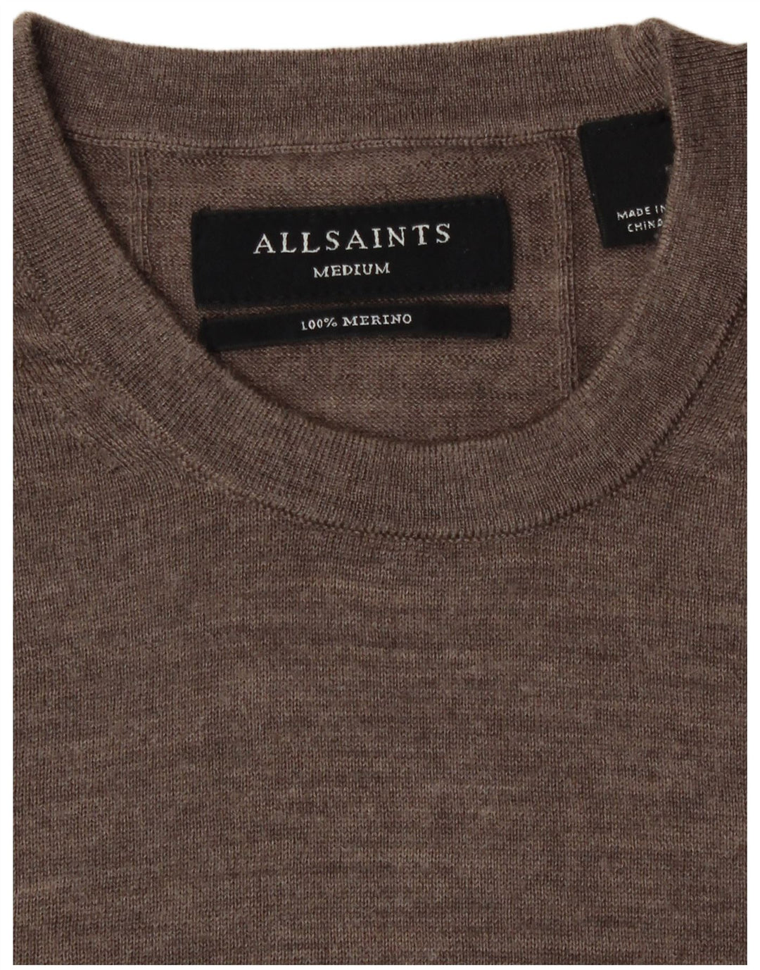 Suéter masculino All Saints com gola redonda, lã Merino marrom médio
