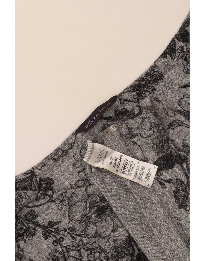 Top feminino Marks & Spencer manga 3/4 Reino Unido 16 grande poliéster floral cinza