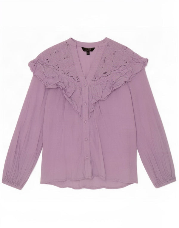 Lipsy Blusa feminina com babados na frente Reino Unido 10 algodão roxo pequeno