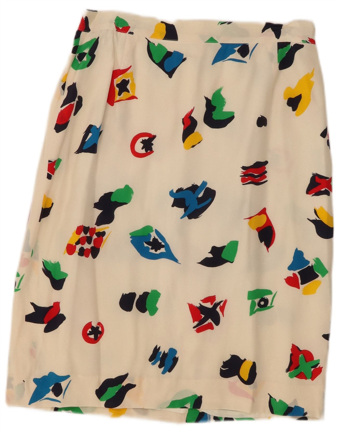 Saia midi feminina vintage com padrão abstrato Reino Unido 10 pequena W28 branco