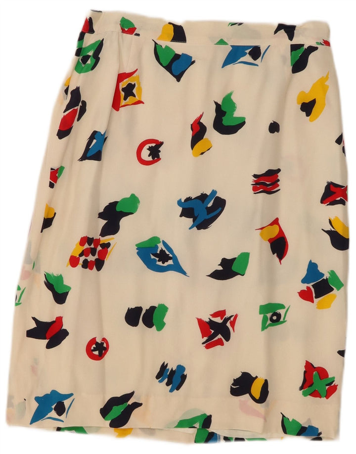 Saia midi feminina vintage com padrão abstrato Reino Unido 10 pequena W28 branco