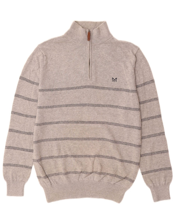 Crew Clothing Mens Suéter Jumper com Pescoço Zip Pequeno Algodão Listrado Cinza
