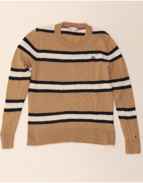 Suéter feminino TOMMY HILFIGER com gola redonda UK 12 listrado bege médio