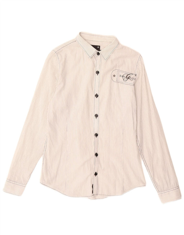 Camisa gráfica feminina G-Star UK 14 algodão listrado branco médio