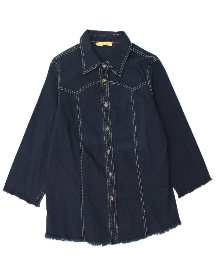 Camisa jeans feminina vintage manga 3/4 com palangre algodão azul marinho médio