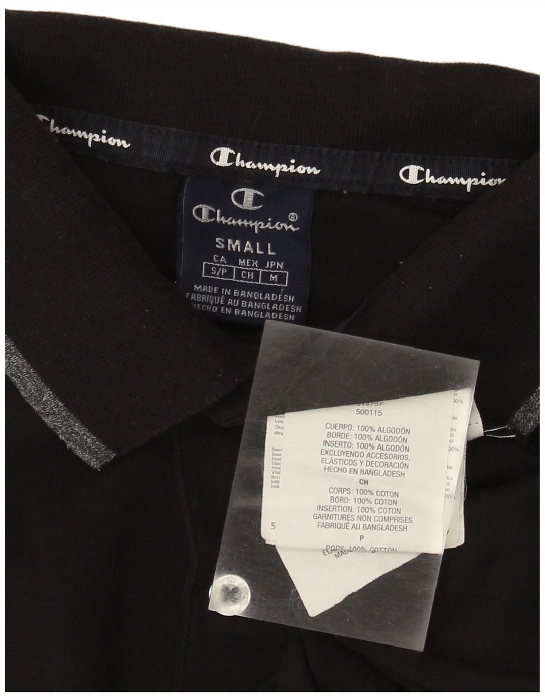 Camisa polo masculina de manga comprida CHAMPION pequena de algodão preto