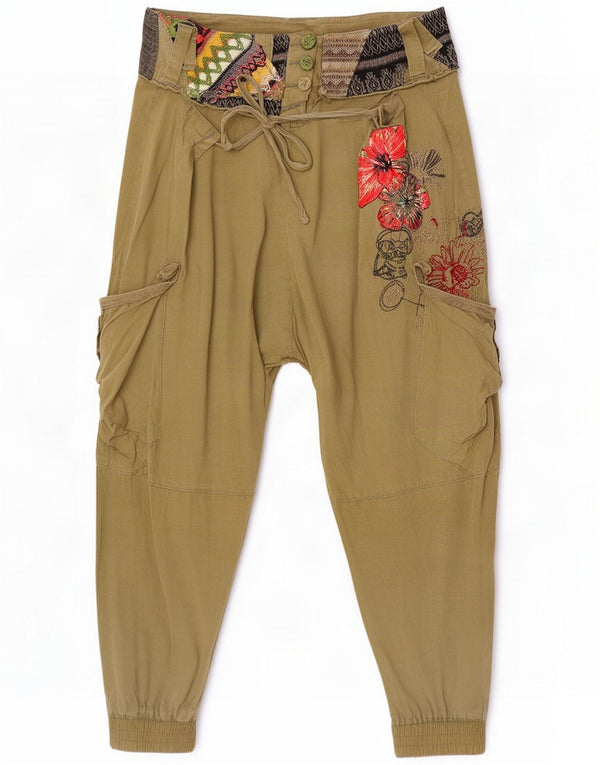 Calça Harem feminina gráfica Desigual W26 L24 Algodão floral cáqui