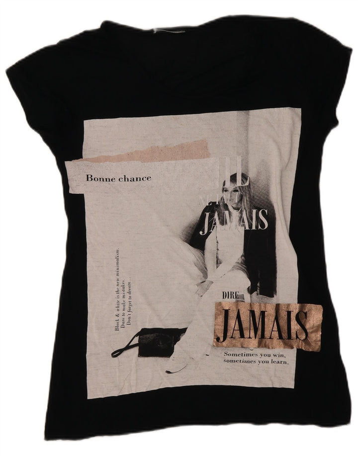 Camiseta feminina gráfica Zara Top UK 10 pequena preta