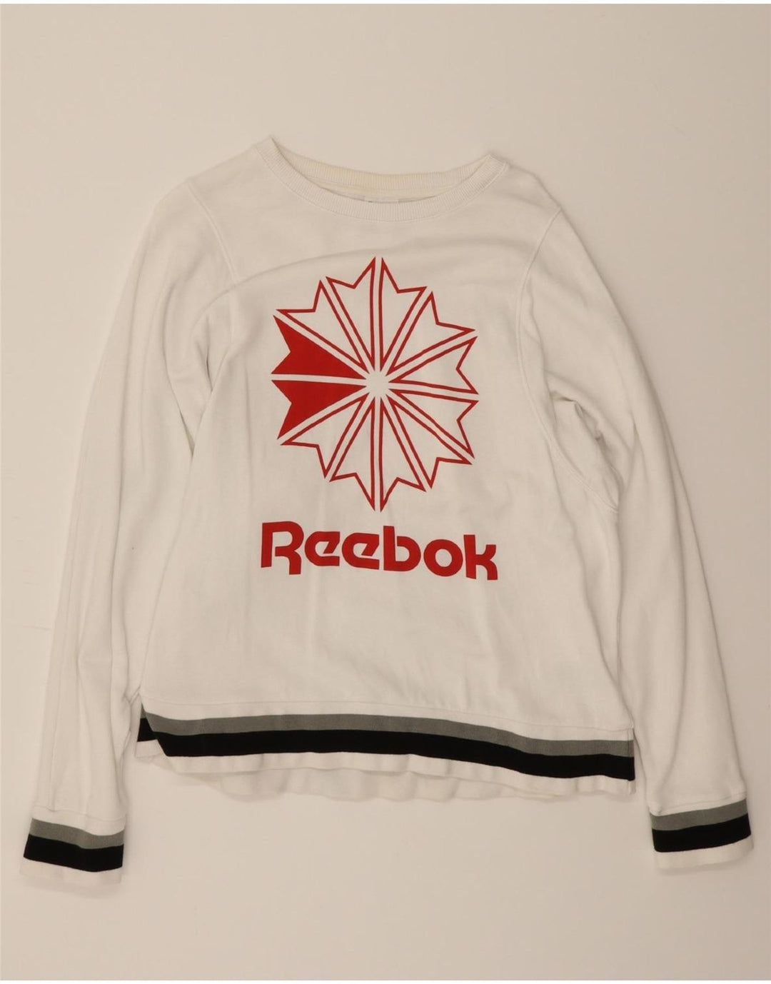 REEBOK Womens Graphic Sweatshirt Jumper UK 16/18 Large White Cotton Vintage Reebok and Second-Hand Reebok from Messina Hembry 