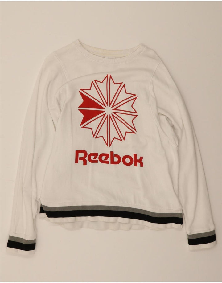 REEBOK Womens Graphic Sweatshirt Jumper UK 16/18 Large White Cotton Vintage Reebok and Second-Hand Reebok from Messina Hembry 