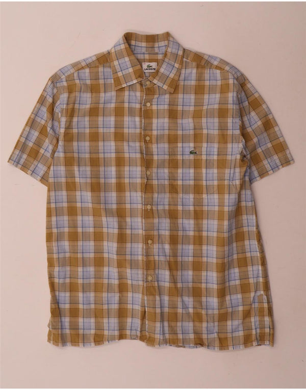 Lacoste Camisa masculina de manga curta tamanho 44 XL caqui xadrez algodão