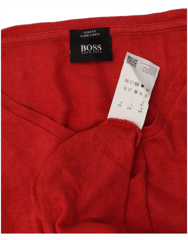 Hugo Boss Mens Slim Fit Moletom Jumper Grande Linho Vermelho