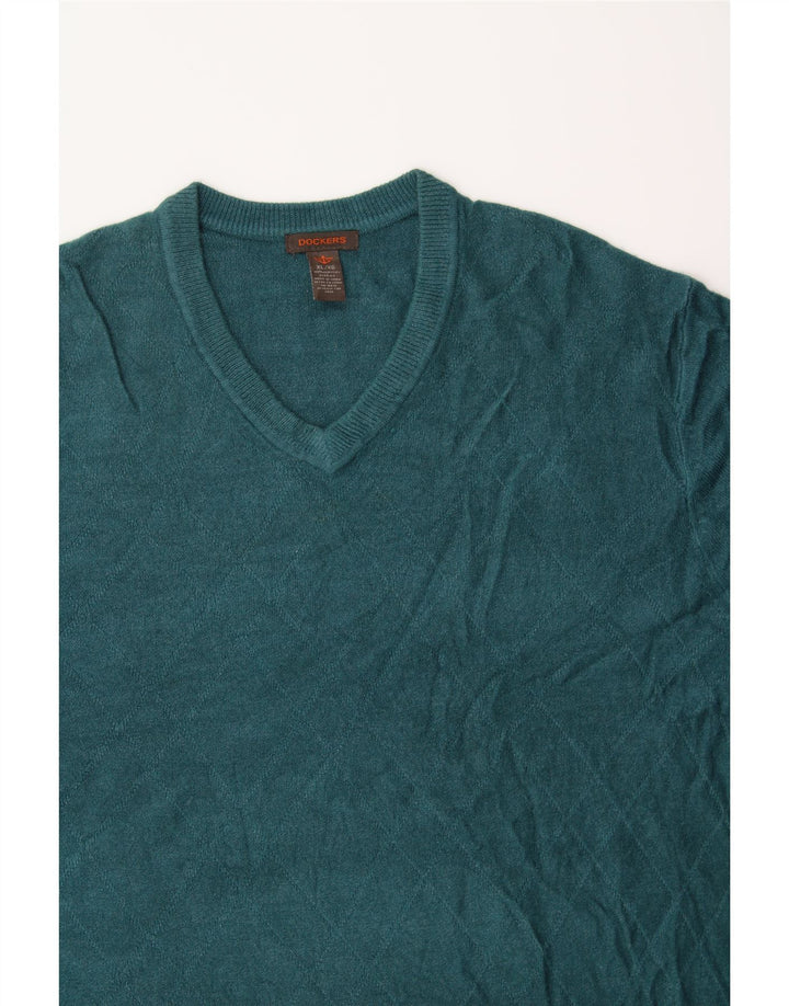 DOCKERS Mens V-Neck Jumper Sweater XL Green Argyle/Diamond Acrylic Vintage Dockers and Second-Hand Dockers from Messina Hembry 