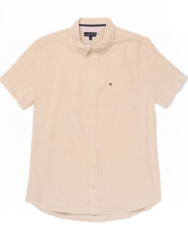 Camisa masculina Tommy Hilfiger de manga curta elástica pequena de algodão branco
