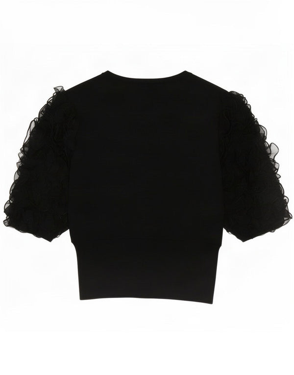Zara blusa feminina manga 3/4 top UK 12 médio preto floral viscose