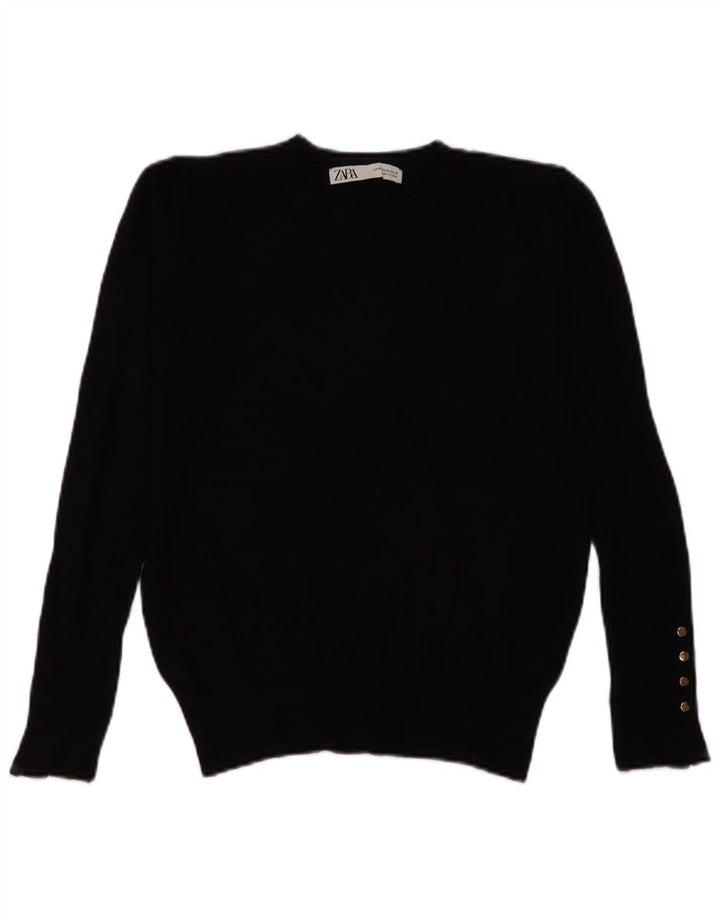 Suéter feminino Zara com gola redonda e viscose preta média UK 14