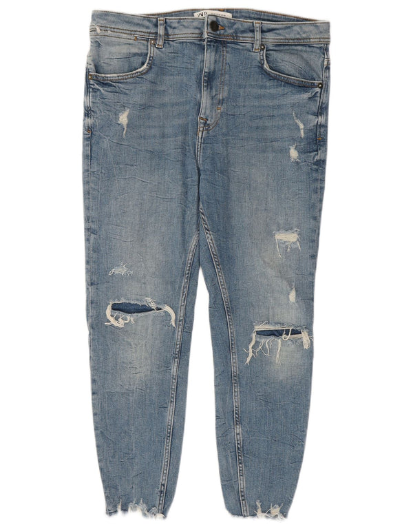 Zara Calça jeans masculina skinny desgastada EU 42 grande W32 L24 azul algodão