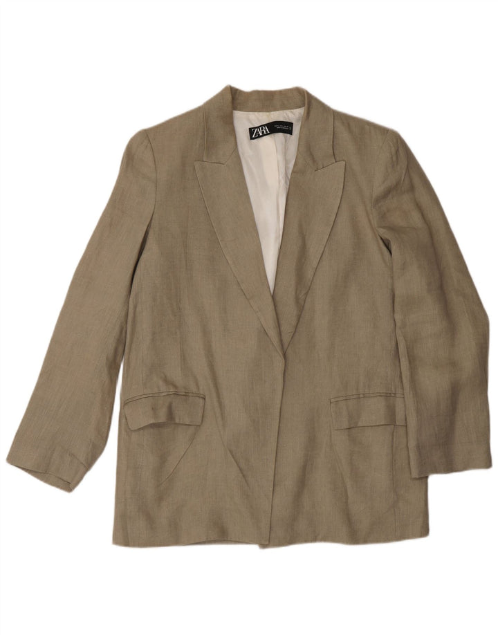Jaqueta Zara Womens Open Blazer Reino Unido 16 Grande Linho Bege