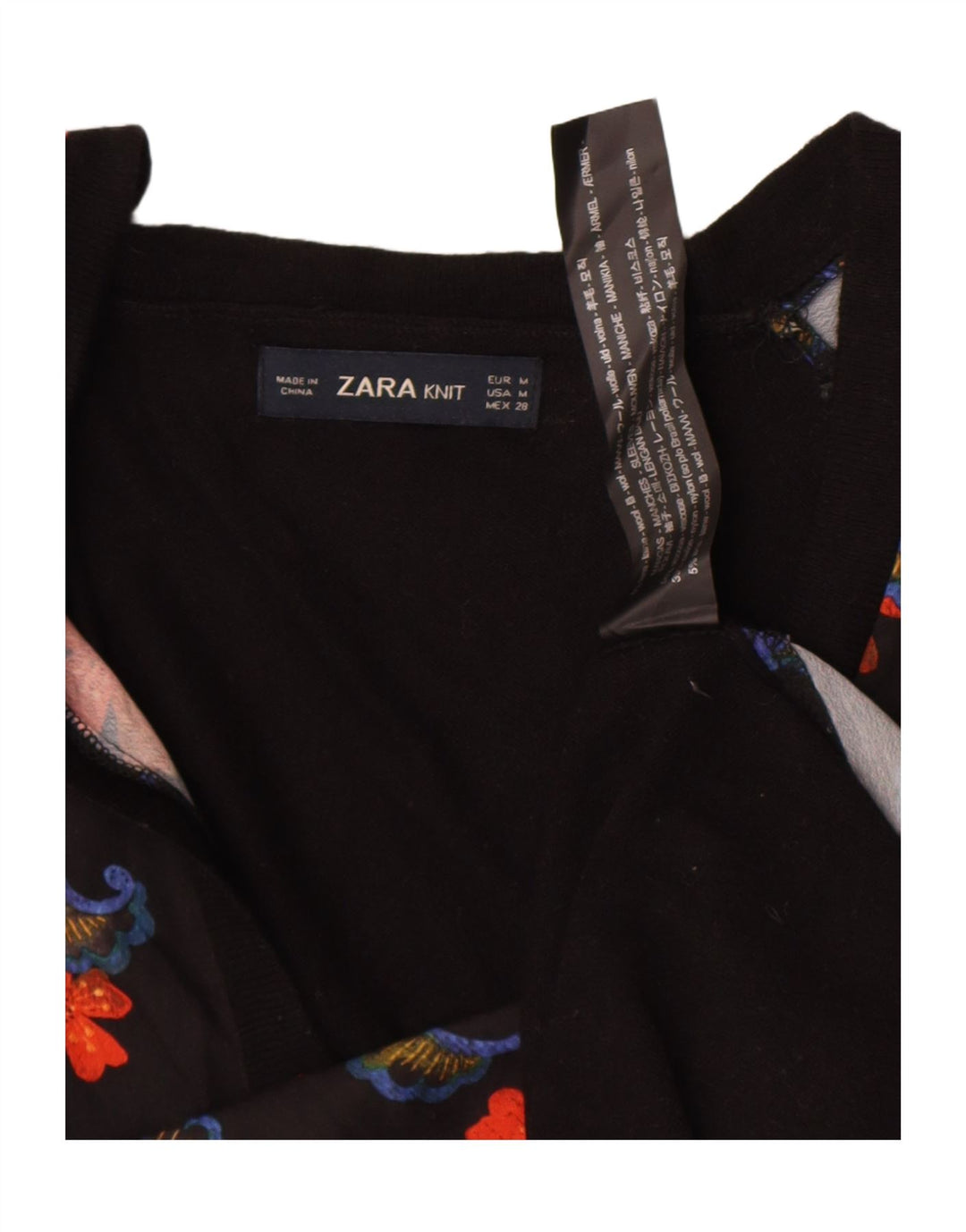 Top feminino Zara manga comprida UK 14 lã floral preta média
