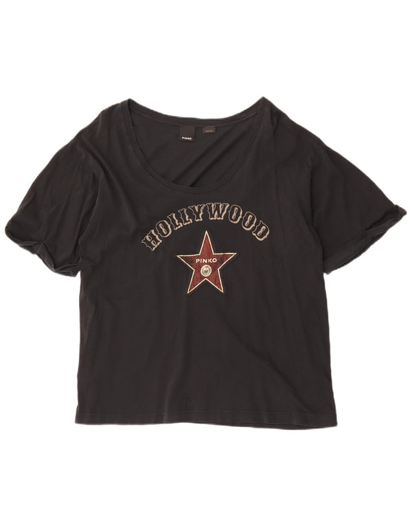 Camiseta feminina gráfica Pinko UK 14 algodão preto médio