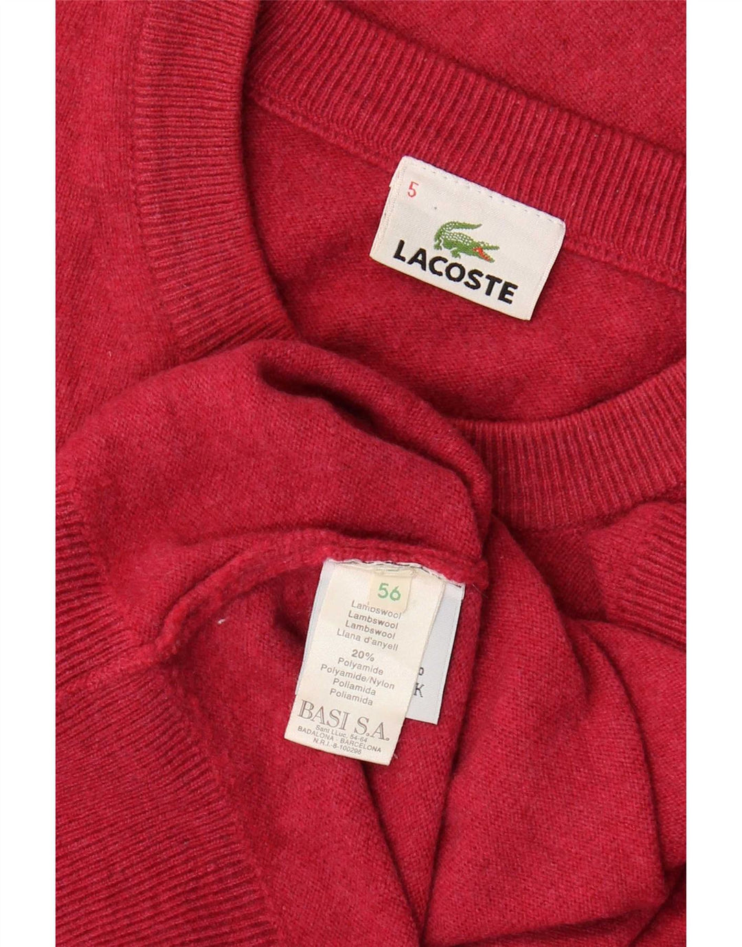 Suéter masculino Lacoste com gola redonda, tamanho 5, lã de carneiro rosa grande