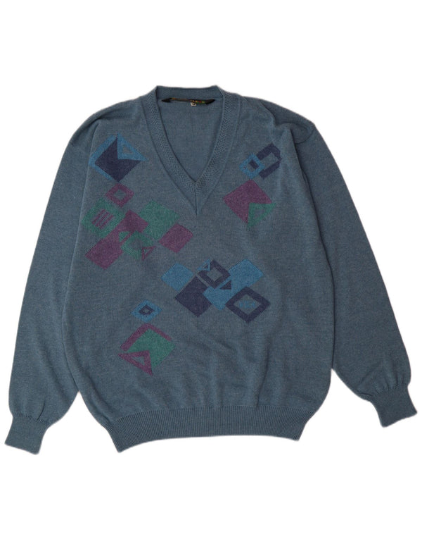 FRANK ALEXS Mens V-Neck Jumper Sweater IT 54 XL Blue Geometric Cotton