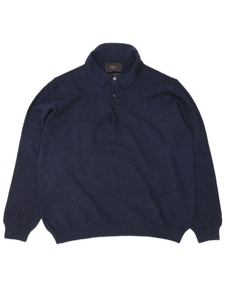 Suéter masculino MARKS & SPENCER com gola polo, médio azul marinho manchado