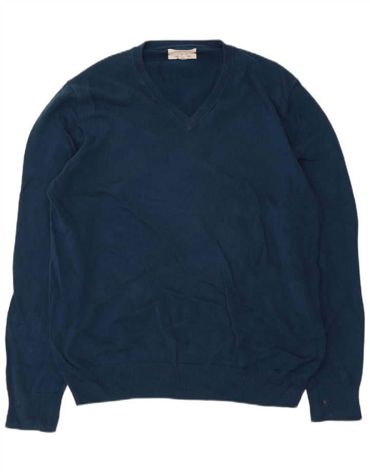Suéter masculino Marks & Spencer com decote em V grande algodão azul