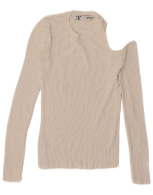 Zara Top feminino de um ombro manga comprida Reino Unido 8 pequeno branco
