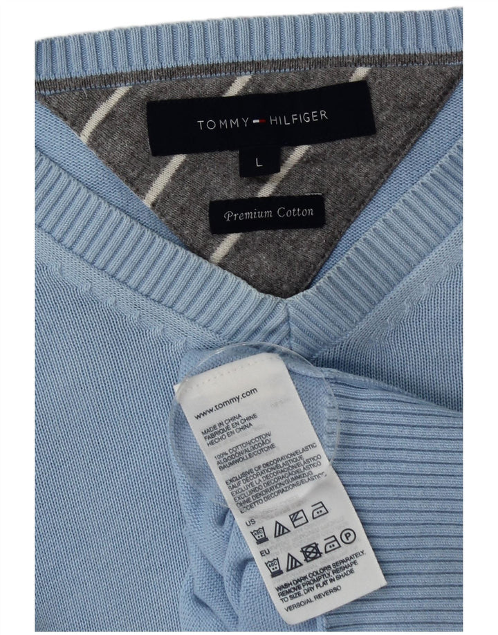 Suéter masculino Tommy Hilfiger com decote em V grande algodão azul