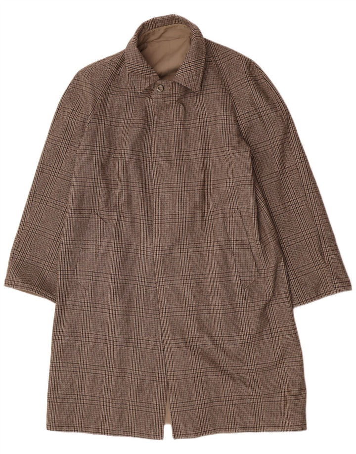 Sobretudo reversível masculino vintage Reino Unido 40 poliéster xadrez grande bege