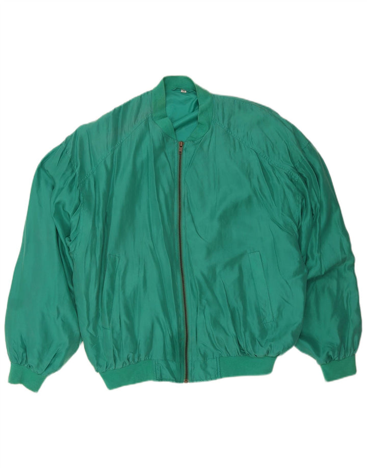 Jaqueta bomber masculina vintage folgada Reino Unido 38 seda verde média
