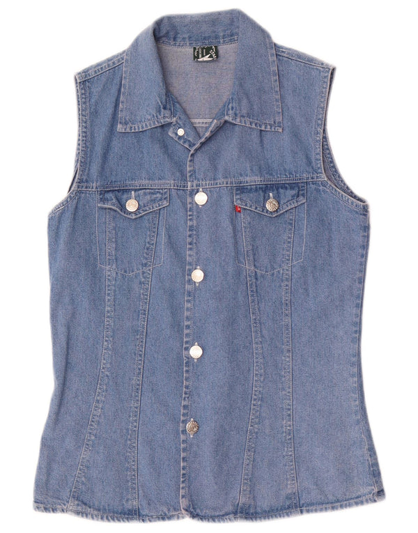 Camisa jeans feminina vintage sem mangas Reino Unido 10 azul pequeno