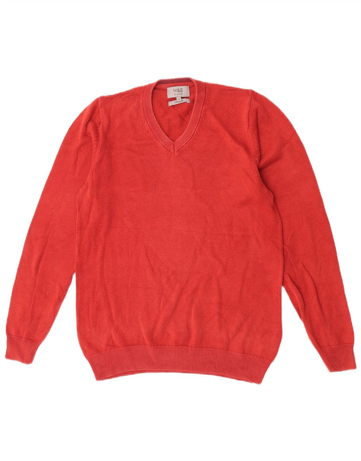 Suéter masculino Marks & Spencer com decote em V, pequeno, laranja, algodão