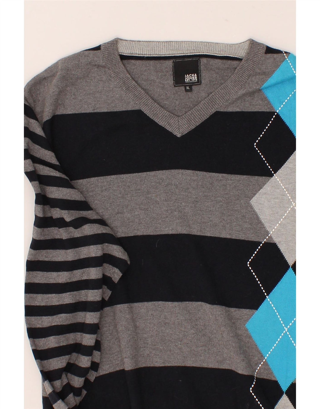 JACK & JONES Mens V-Neck Jumper Sweater XL Grey Striped Cotton Vintage Jack & Jones and Second-Hand Jack & Jones from Messina Hembry 