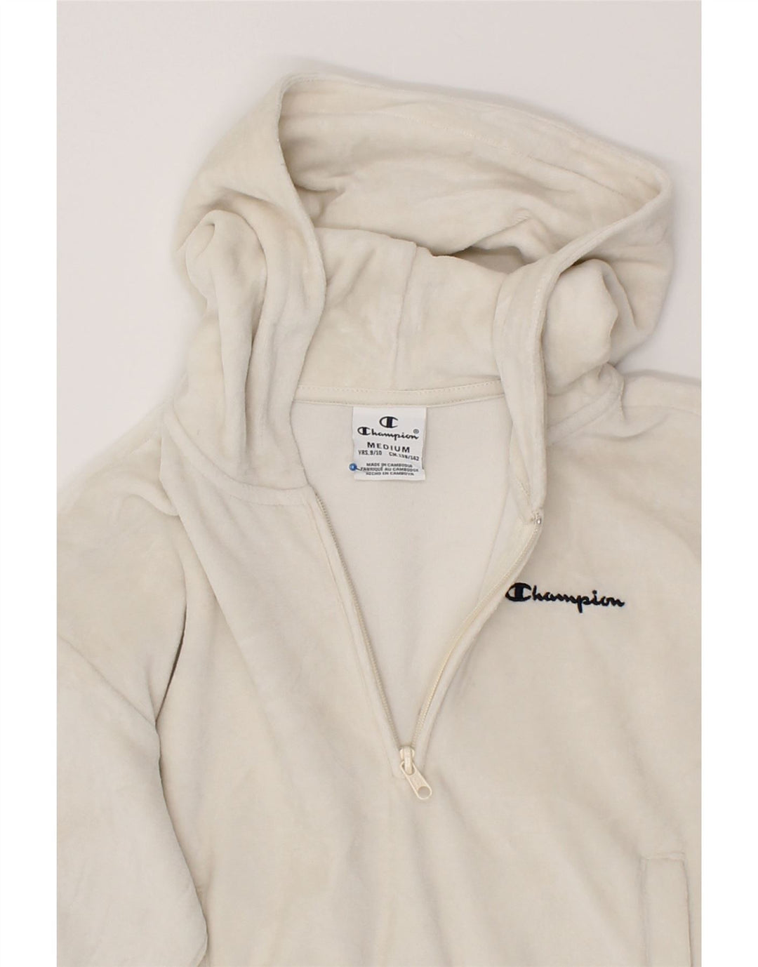 CHAMPION Girls Graphic 1/4 Zip Hoodie Jumper 9-10 Years Medium Off White Vintage Champion and Second-Hand Champion from Messina Hembry 