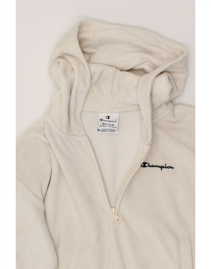 CHAMPION Girls Graphic 1/4 Zip Hoodie Jumper 9-10 Years Medium Off White Vintage Champion and Second-Hand Champion from Messina Hembry 
