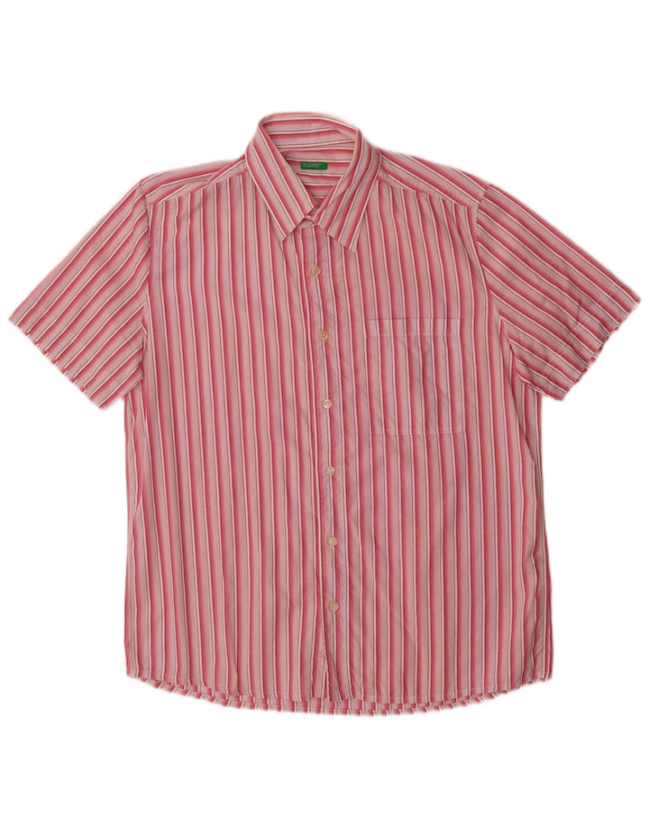 Camisa masculina de manga curta Benetton grande algodão listrado rosa