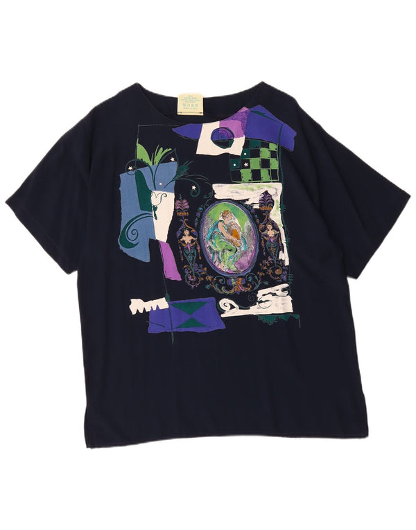 Blusa feminina vintage com estampa gráfica UK 16 grande algodão azul marinho