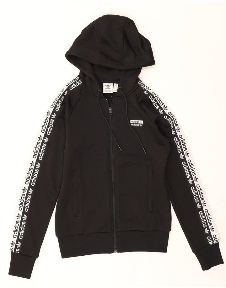 Suéter feminino Adidas com capuz e zíper gráfico UK 8 pequeno poliéster preto