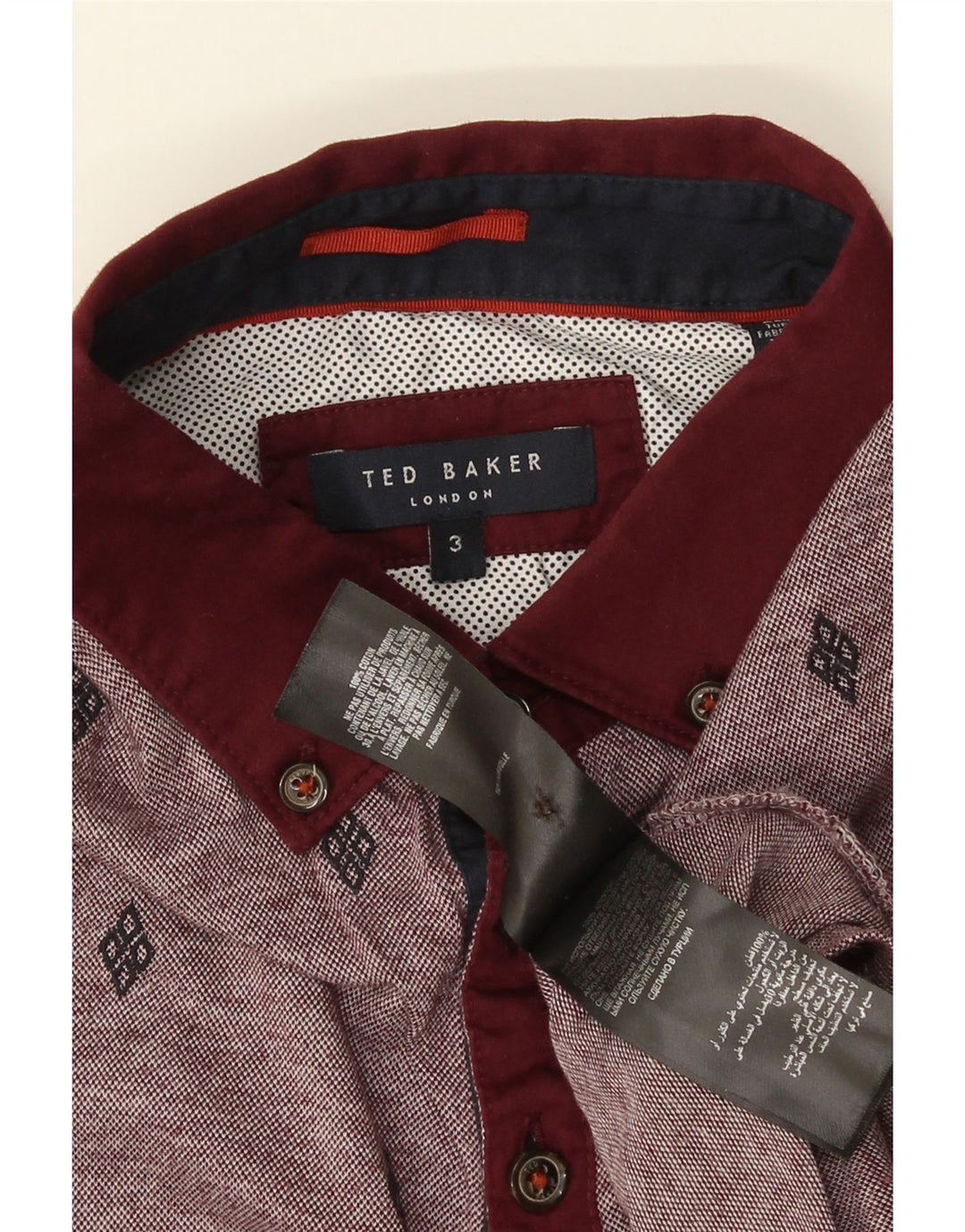 Camisa polo masculina Ted Baker tamanho 3 médio algodão manchado Borgonha