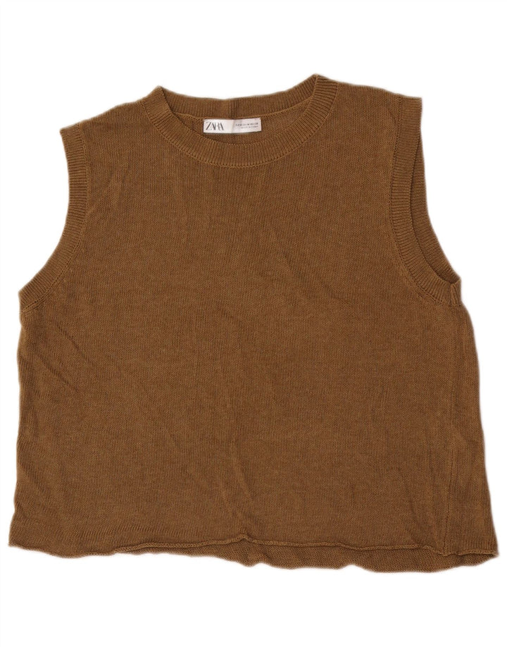 Zara Womens Crop Vest Top UK 14 Médio Marrom Acrílico