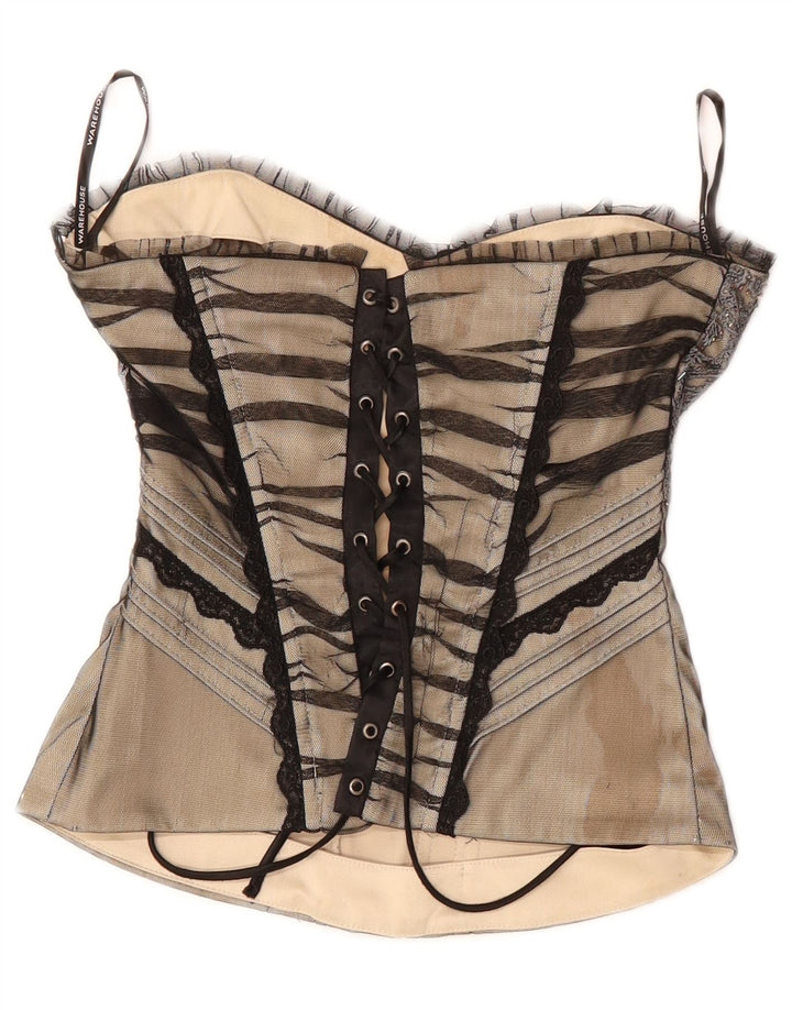 Top espartilho feminino sem ombro WAREHOUSE Reino Unido 8 pequeno poliéster floral bege