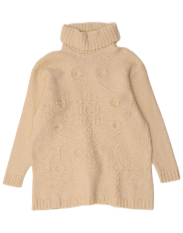 Suéter feminino vintage com gola redonda Reino Unido 14 médio esbranquiçado geométrico