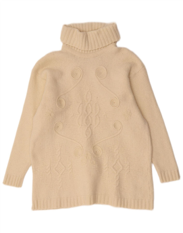 Suéter feminino vintage com gola redonda Reino Unido 14 médio esbranquiçado geométrico
