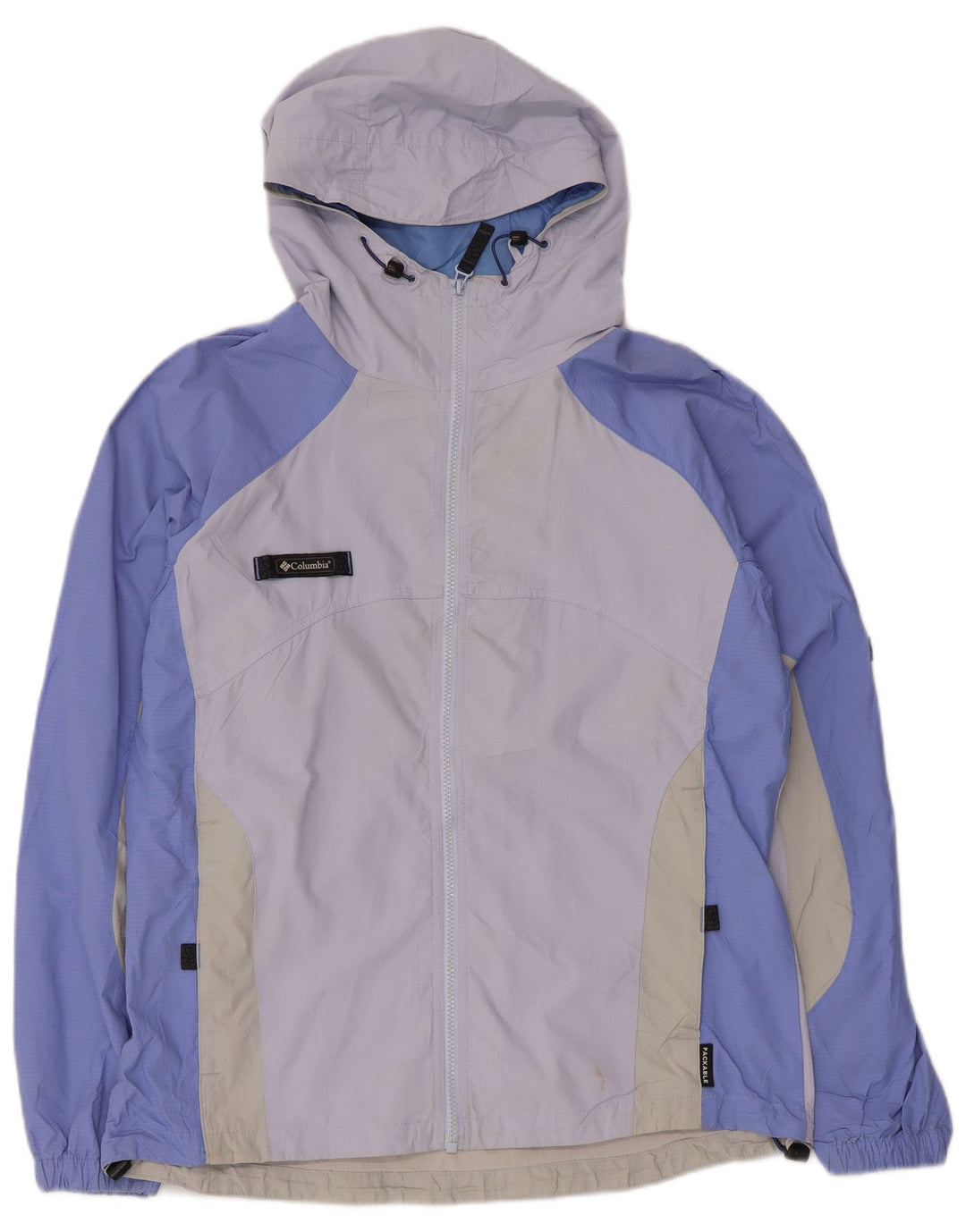 Jaqueta de chuva feminina Columbia com capuz Reino Unido 16 grande bloco colorido roxo poliéster