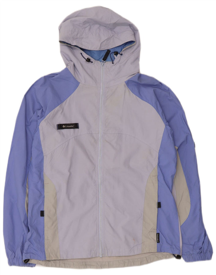 Jaqueta de chuva feminina Columbia com capuz Reino Unido 16 grande bloco colorido roxo poliéster