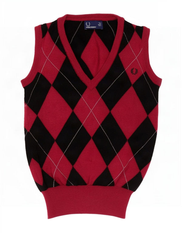 Fred Perry Womens Vest Tank Top UK 8 Small Red Argyle/Diamond Wool